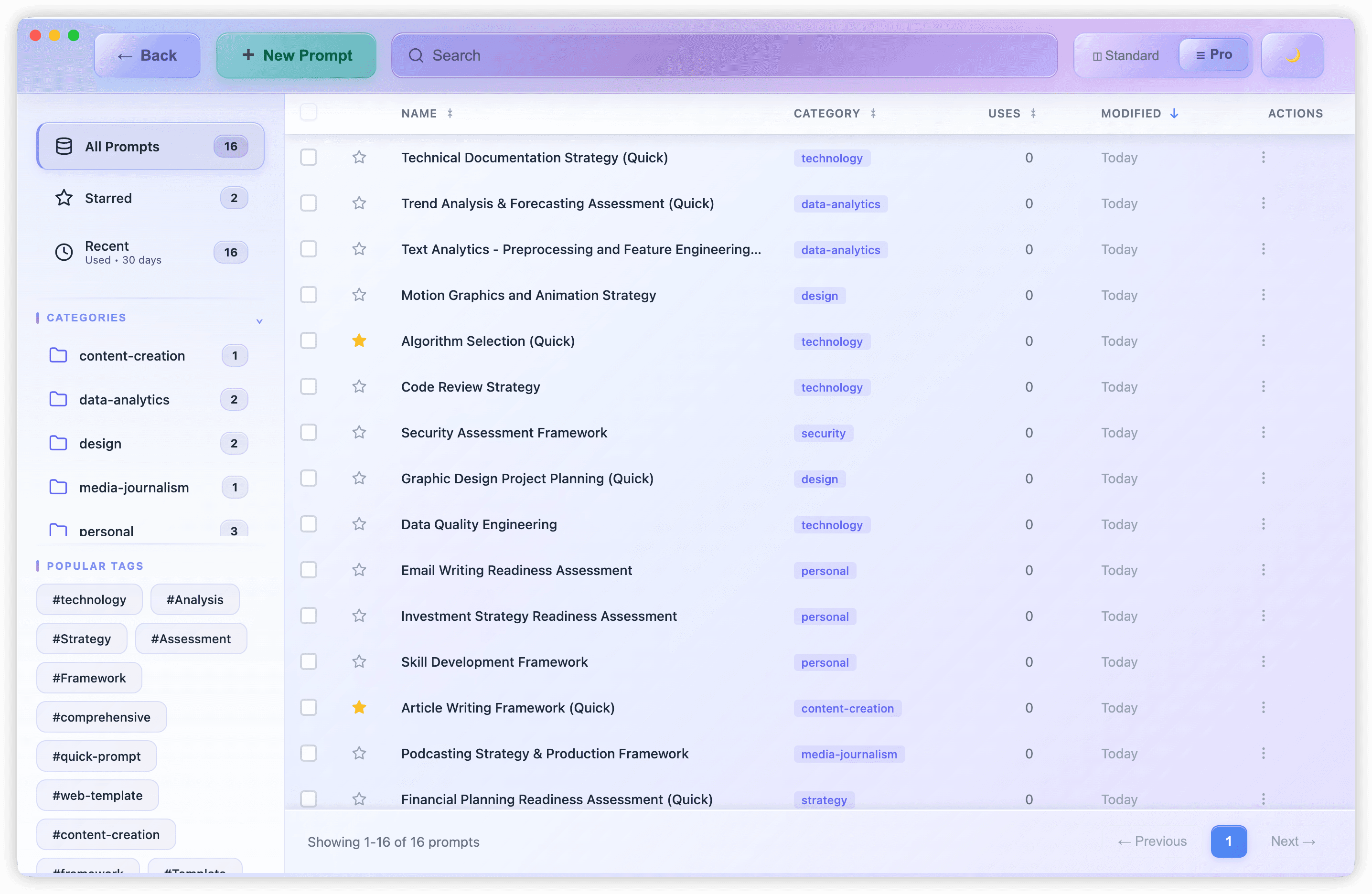 Library view with table layout and bulk selection
